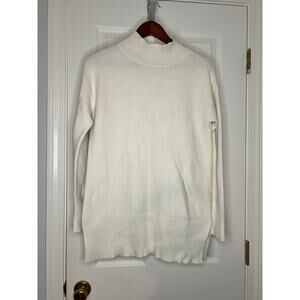 Talbots Ivory Mock Neck Tunic Sweater Womens Medium Ribbed Knit Side Slit